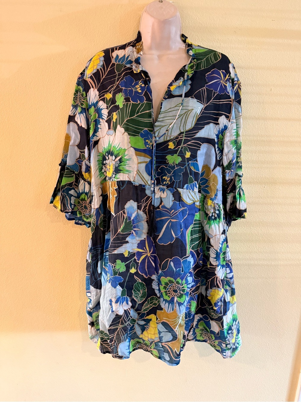 Johnny Was Navy Floral Mini Dress Tunic with pockets size medium